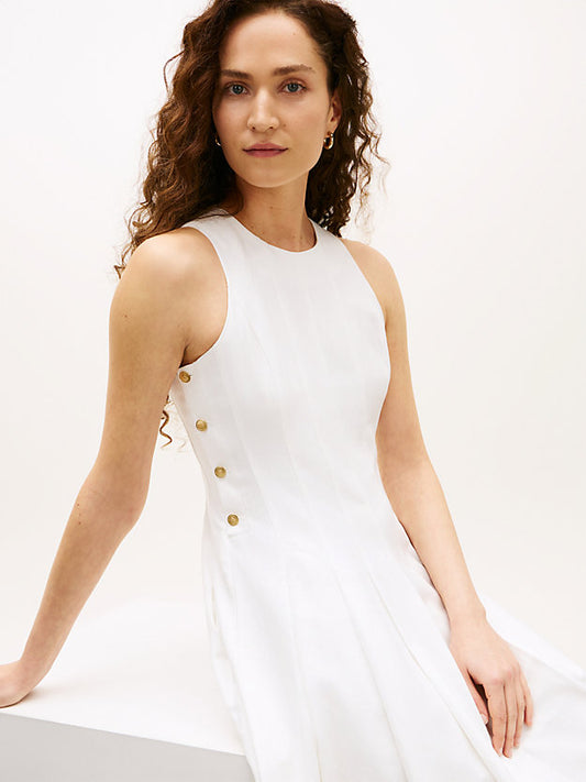Gold-Tone Button Linen Blend Midi Dress