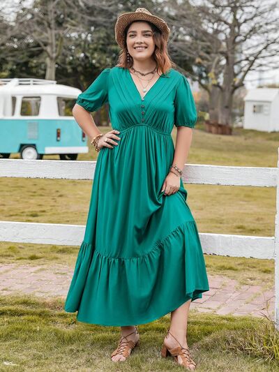 Robe Grande Taille à Col en V, Manches Courtes et Ourlet Volanté