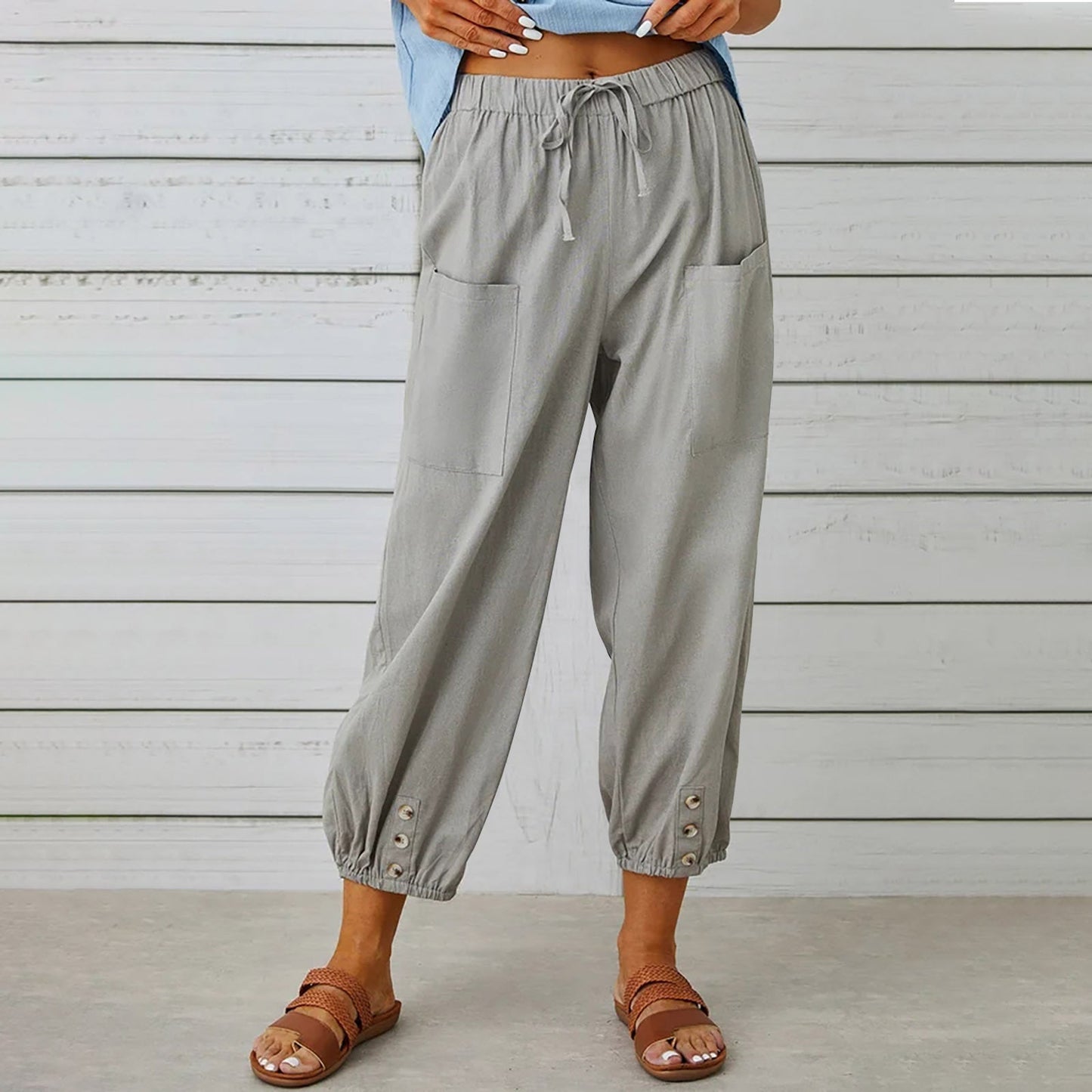 Pantalon femme Pantalon taille haute boutonné en coton et chanvre pantalon neuf points jambes larges