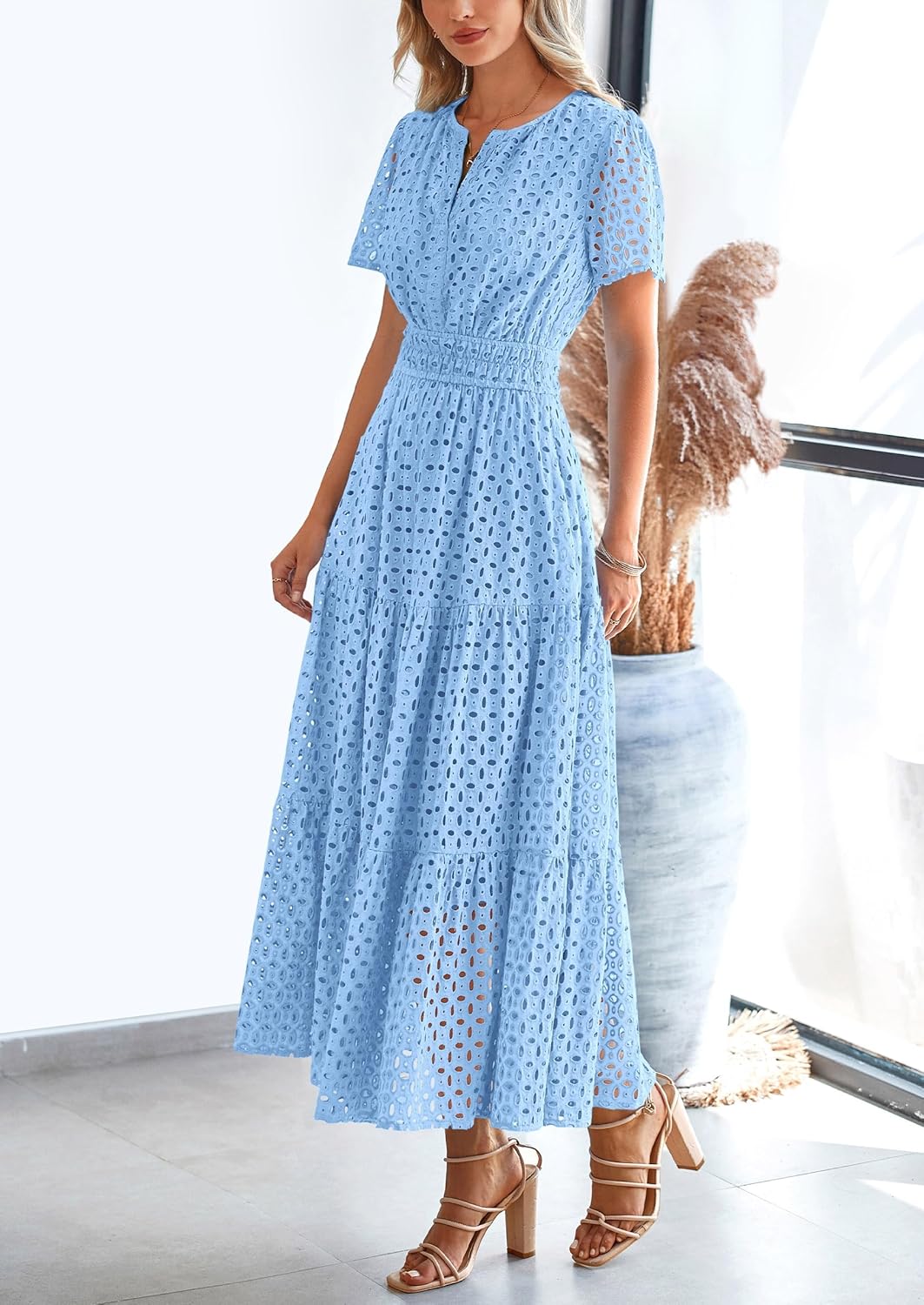 NEU 🔥Damen 2025 Sommer Maxikleid Kurzarm V-Ausschnitt Aushöhlung Ösen A-Linien-Kleider