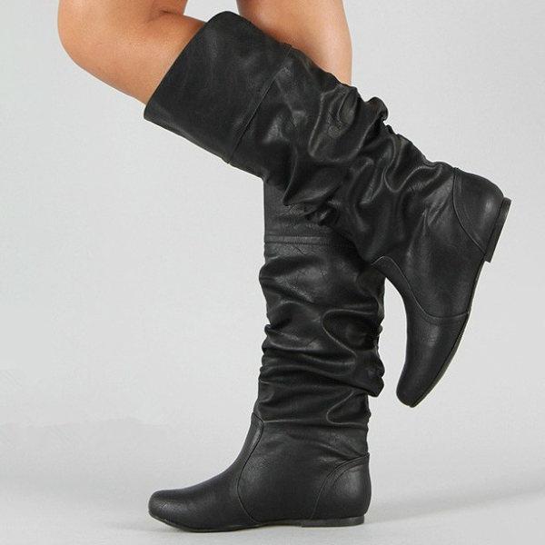 Damen-High-Top-Stiefel mit Falten, flach, für Herbst und Winter