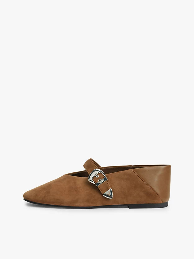 Suede Buckle Square Toe Ballerinas
