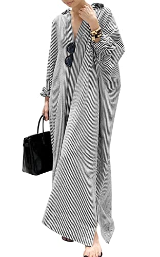 Damen Lässiges Langarm Button-Down Langes Gestreiftes Baumwoll-Hemdblusenkleid