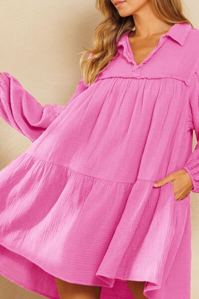 Ces Femme Johnny Collar Ballonärmel Minikleid