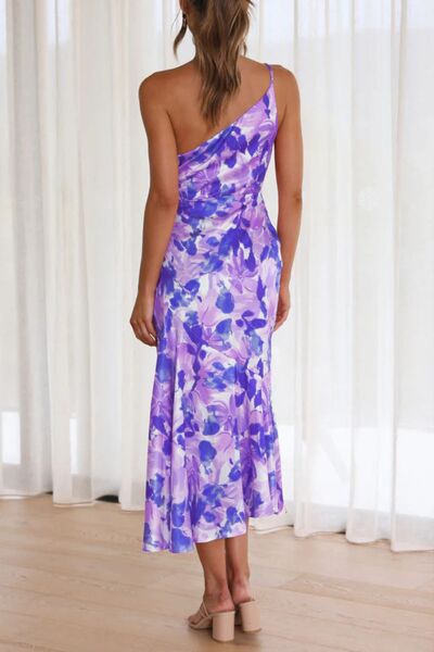 Robe midi asymétrique imprimée froncée