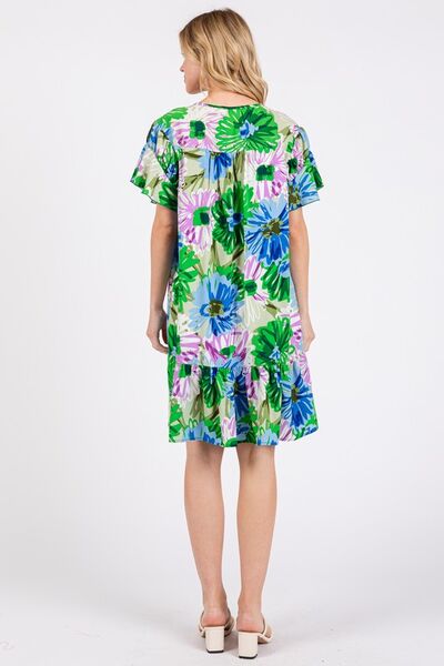 Robe Courte Fleurie à Volants et Manches Courtes pour Femme