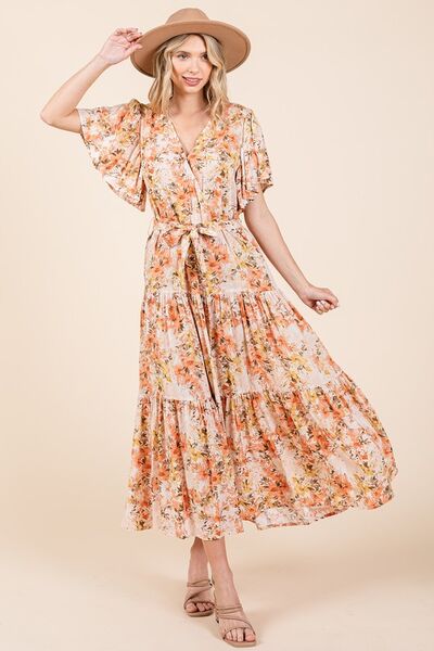 Robe étagée à manches volantées et taille nouée à imprimé floral Mittoshop