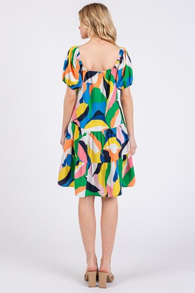 Robe Ces Femme à col en cœur, manches bouffantes et imprimé abstrait