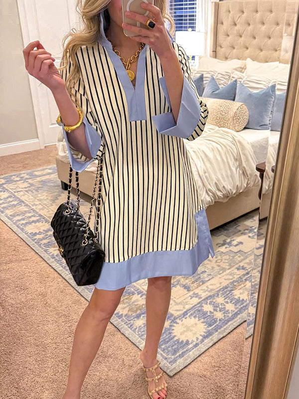 SOLDES🔥 Robe chemise rayée à col et col en V fendu