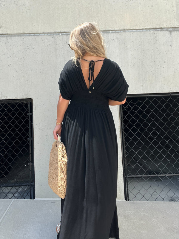 Neues, leichtes Maxikleid mit Schlitz und V-Ausschnitt (2 kaufen, kostenloser Versand)