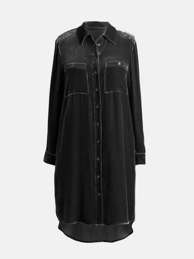 High-Low Hemd Langarm Knielanges Kleid