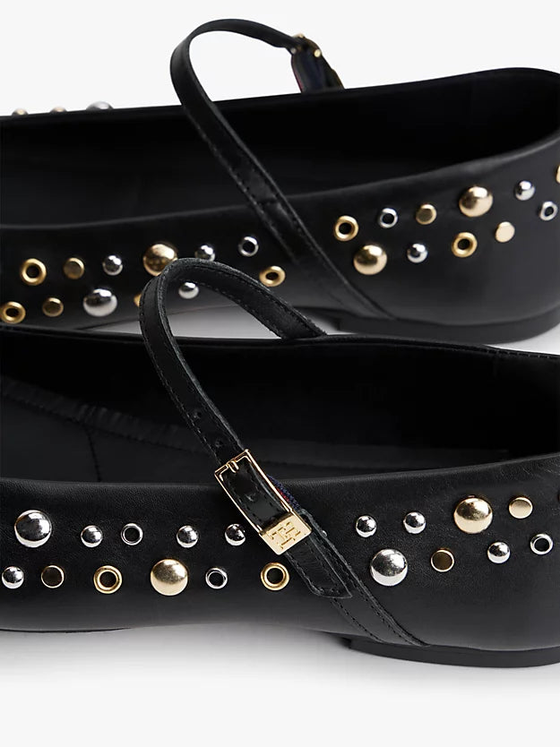 Stud Embellished Leather Buckle Ballerinas