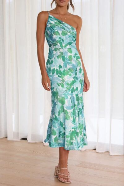Robe midi asymétrique imprimée froncée
