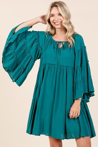 Mittoshop Glockenärmel-Kleid mit Rüschen-Bindekragen