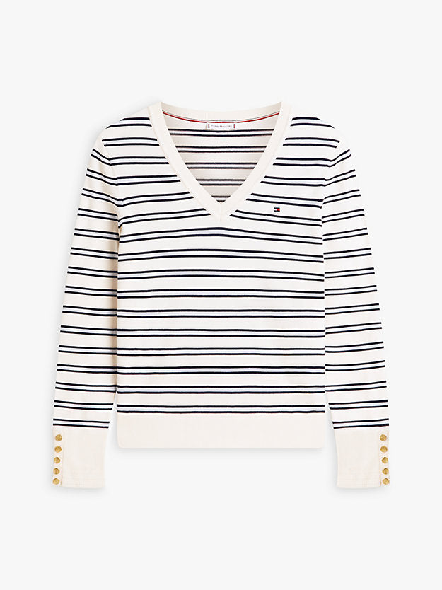 Gold-Tone Button Cuff V-Neck Jumper