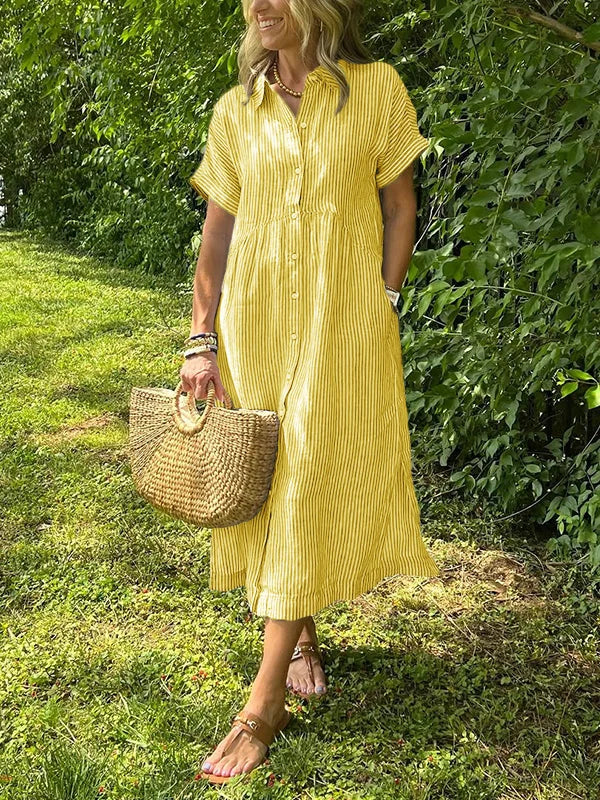 NOUVEAU🔥 Robe Chemise Boutonnée à Revers Rayée