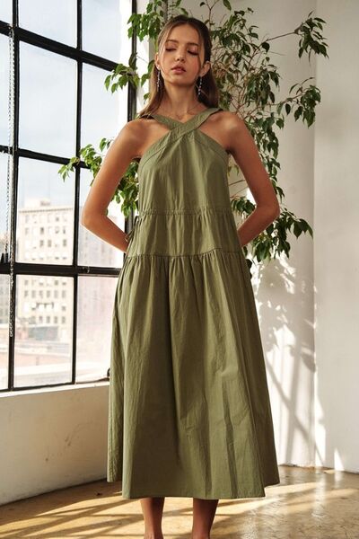 ADORA Midi-Kleid mit gekreuzten breiten Trägern und Tunnelzug-Detail
