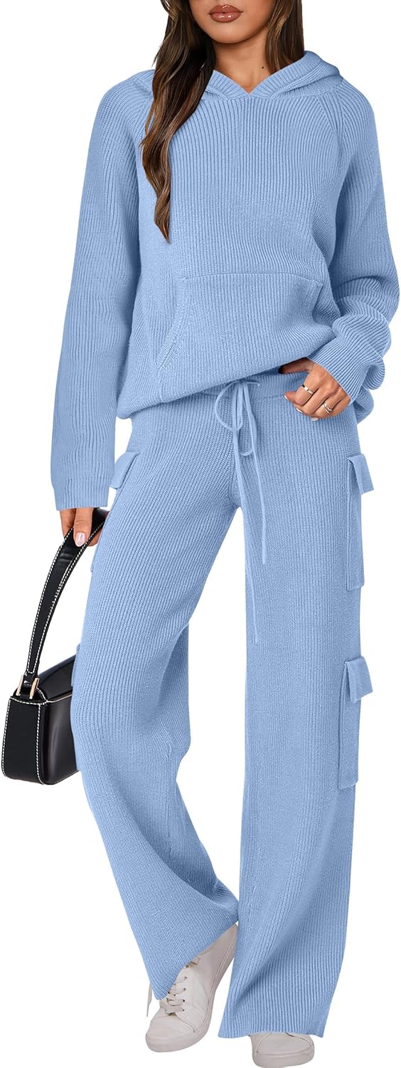 🎄Weihnachts-SALE 🔥 Zweiteilige Outfits für Damen Lässiger Kapuzenpullover Strick Gerades Bein Hosen-Set
