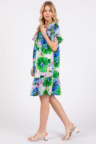 Robe Courte Fleurie à Volants et Manches Courtes pour Femme