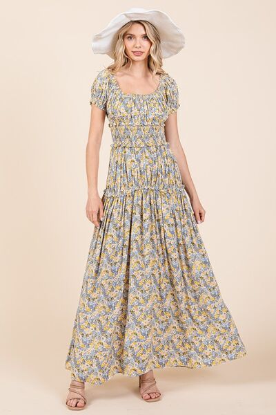 Mittoshop Maxikleid mit Blumenmuster, Puffärmeln und Raffungen