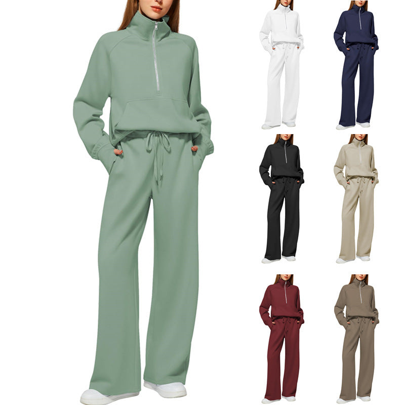 VENTE DE LIQUIDATION🔥 Ensemble deux pièces en coton de couleur unie avec demi-zip pour femme