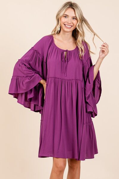 Robe à manches cloche avec col à nouer et volants Mittoshop