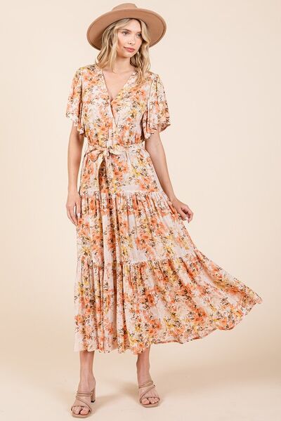 Robe étagée à manches volantées et taille nouée à imprimé floral Mittoshop