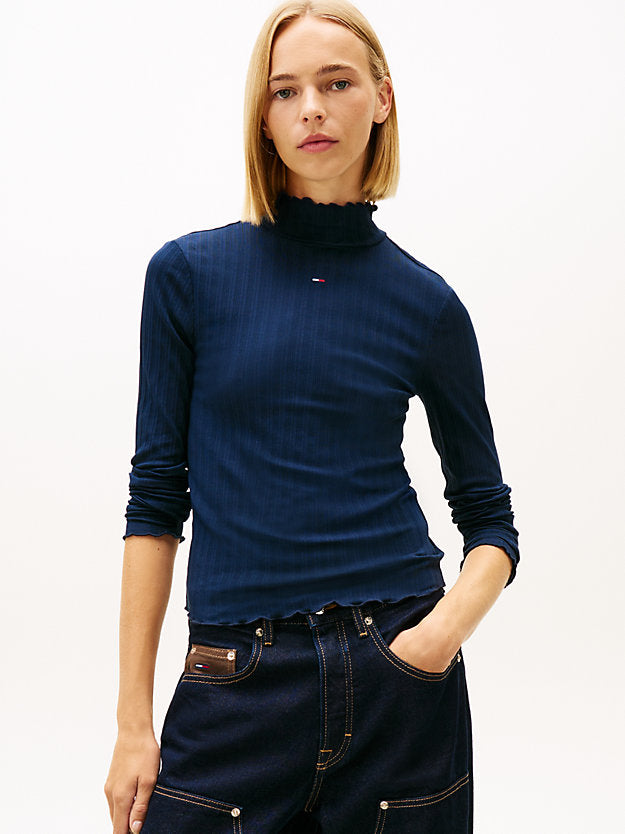 Ruffle Ribbed Slim Mock Neck Top