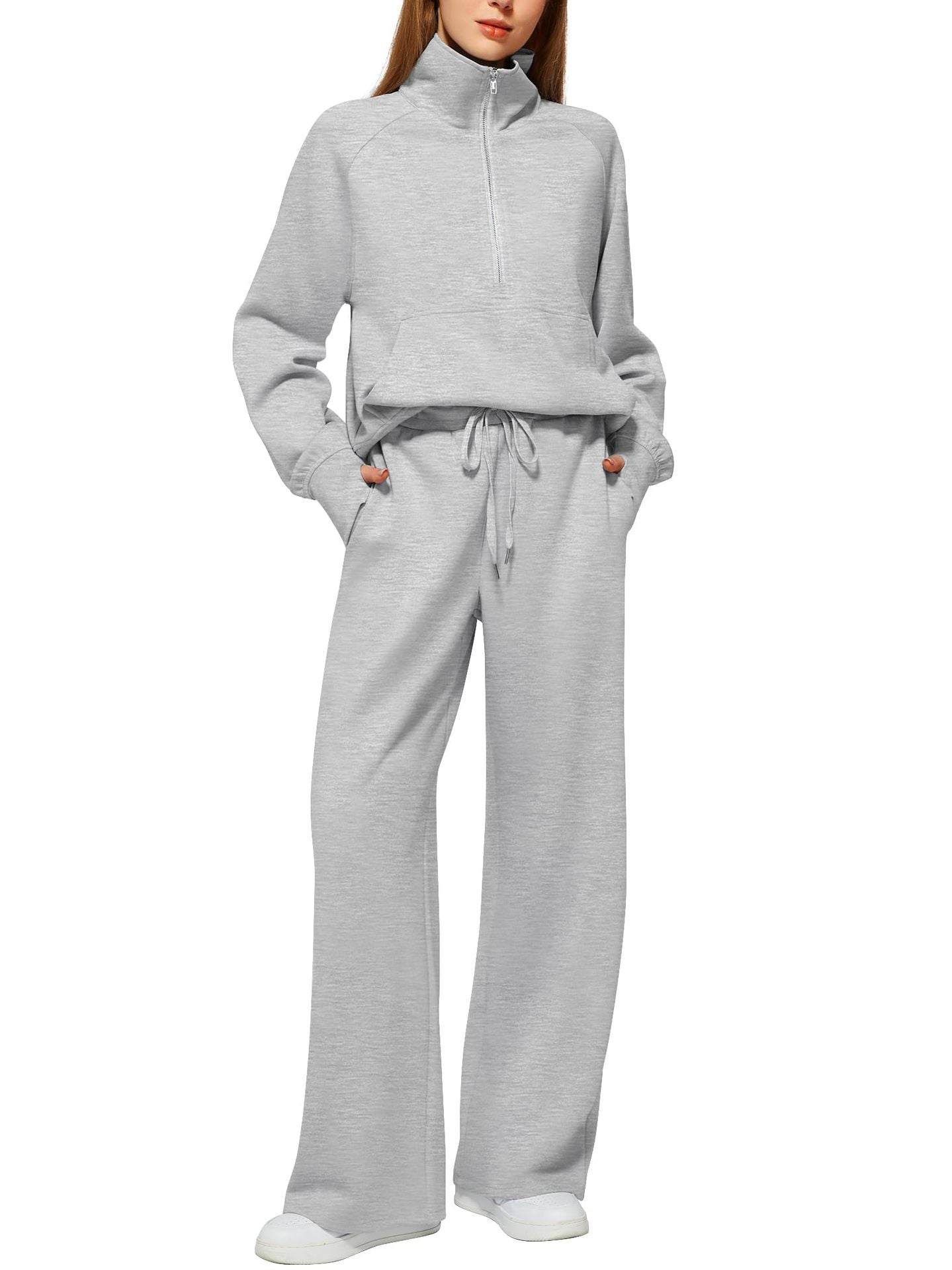 VENTE DE LIQUIDATION🔥 Ensemble deux pièces en coton de couleur unie avec demi-zip pour femme