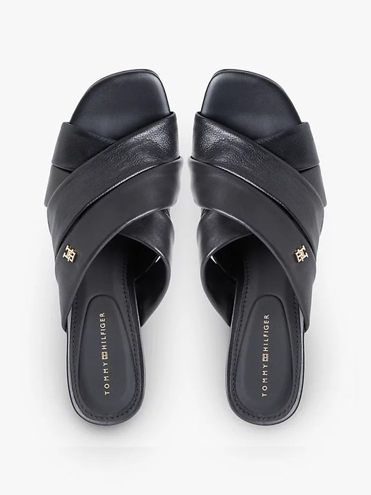 Leather Crossover Strap Heeled Mules