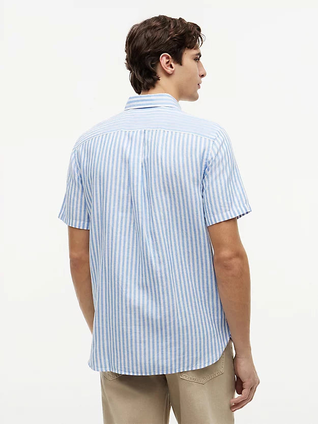 Regular Linen Blend Bengal Stripe Short Sleeve Shirt