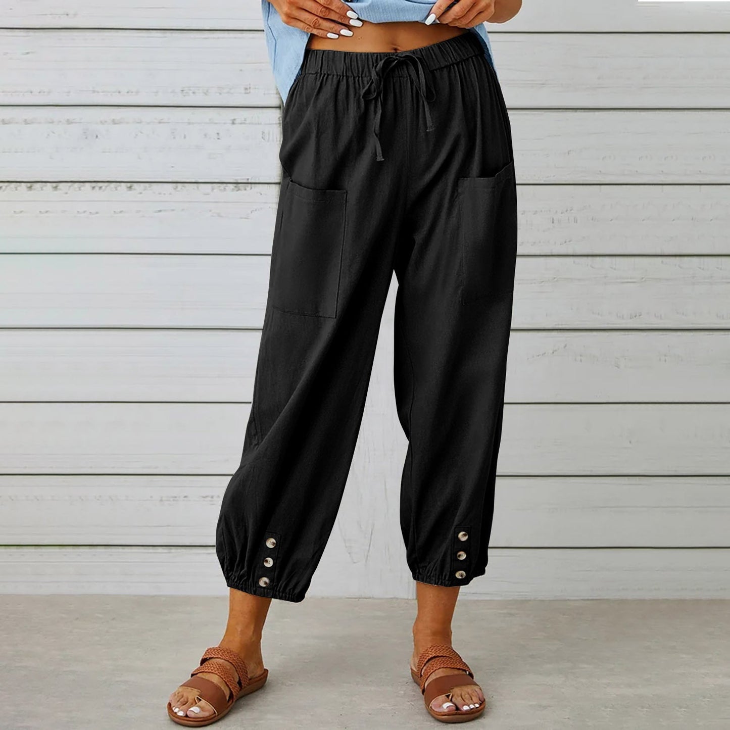 Pantalon femme Pantalon taille haute boutonné en coton et chanvre pantalon neuf points jambes larges