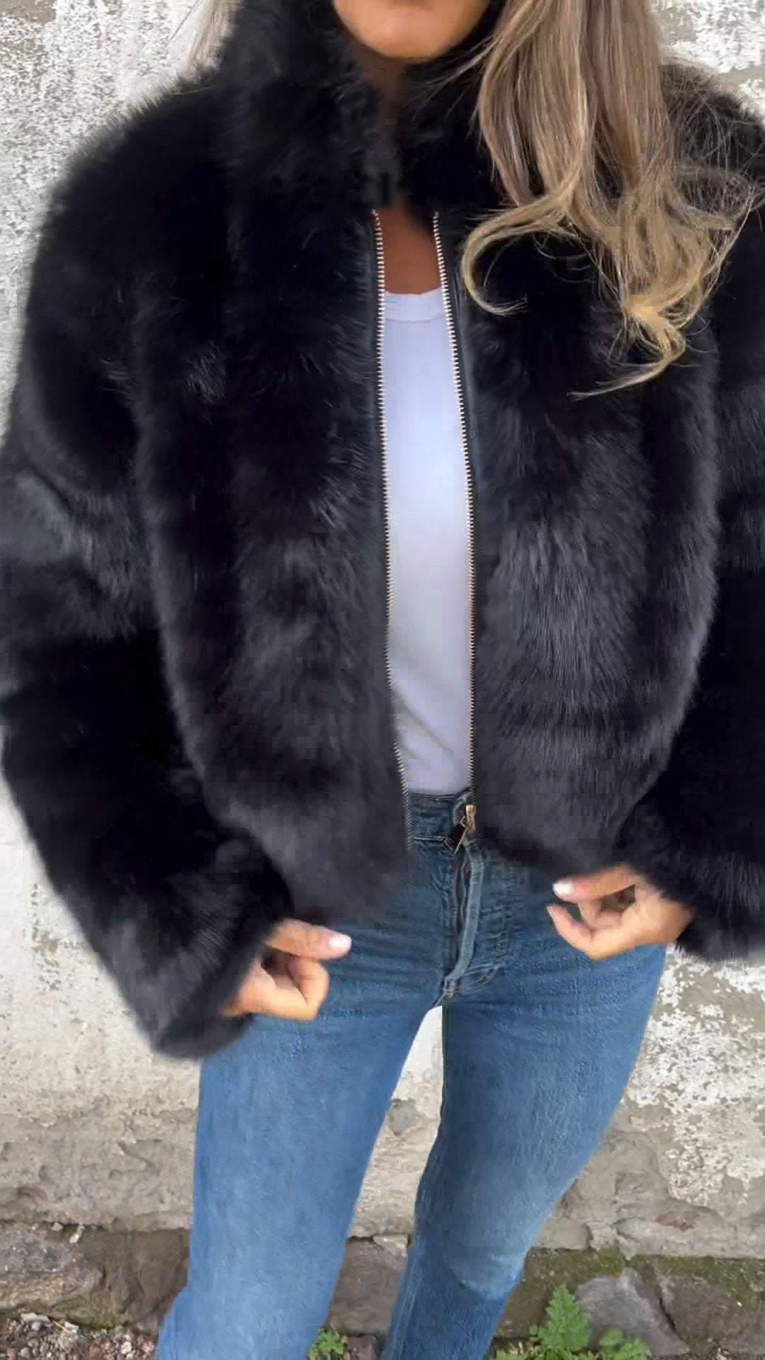 Damen High Collar Pelz-Reißverschluss Freizeitjacke