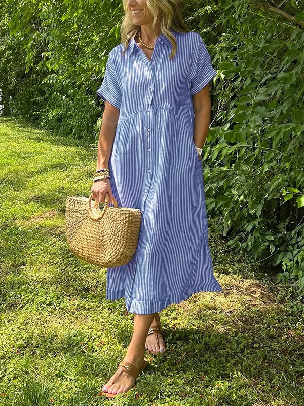 NOUVEAU🔥 Robe Chemise Boutonnée à Revers Rayée