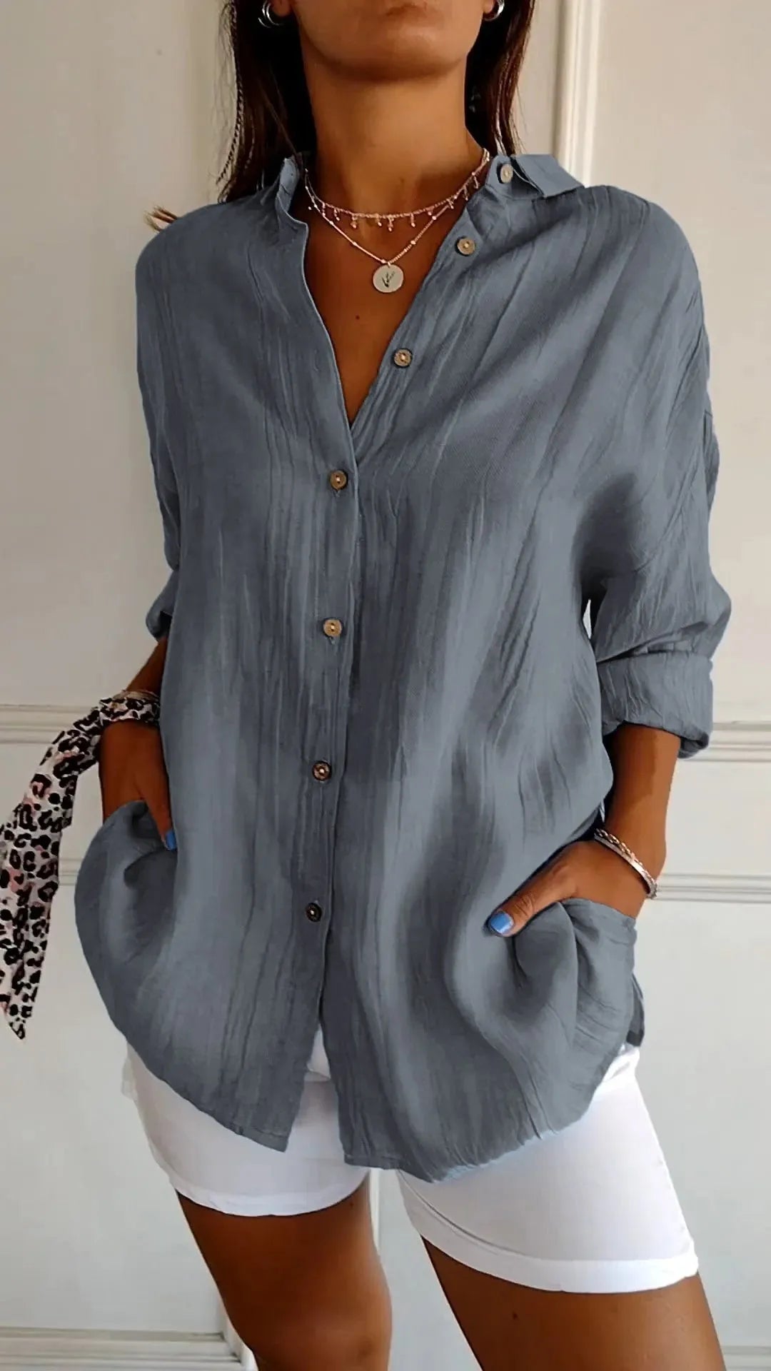 🌷Chemise classique plissée texturée à revers et simple boutonnage pour femme