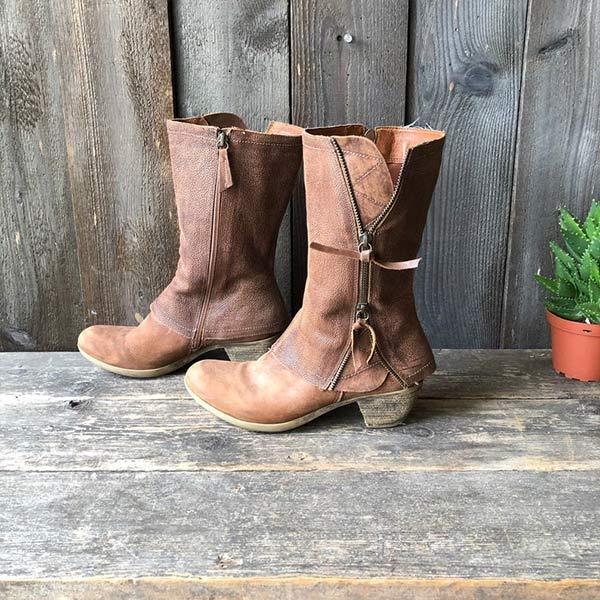 Bottes en cuir à talons carrés moyens avec fermeture éclair latérale pour femme