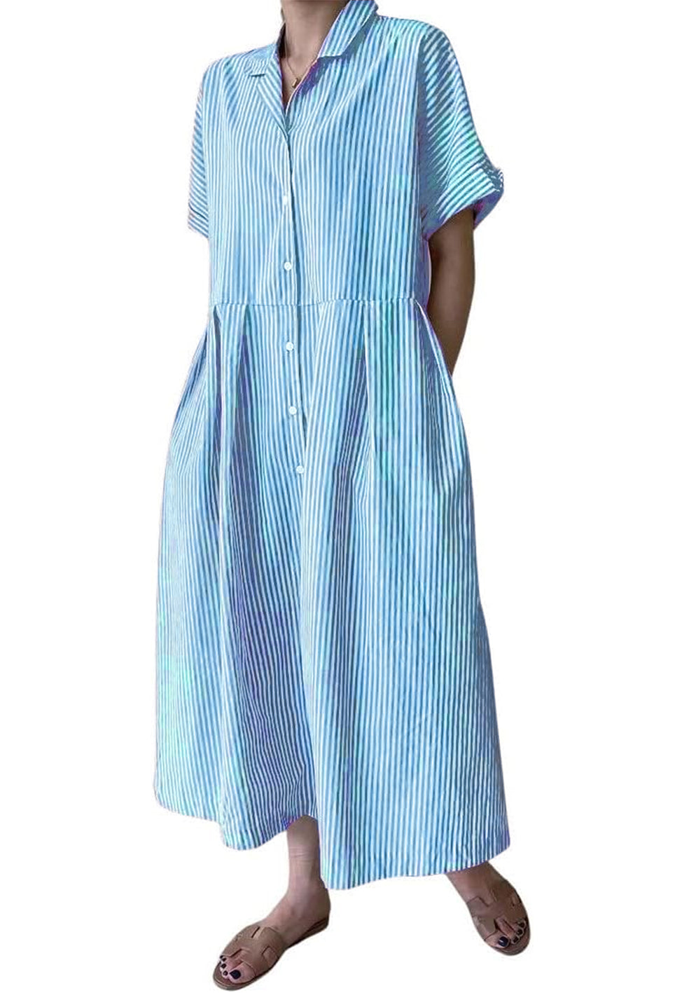 Robe chemise longue mi-longue en coton rayée à manches courtes avec poches pour femme (achetez 2, la livraison est gratuite)
