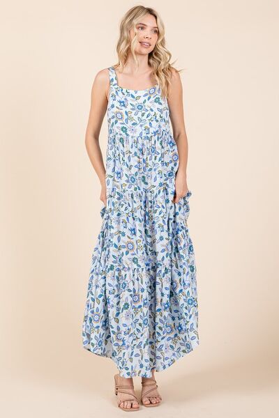 Mittoshop Geblümtes, gestuftes, ärmelloses Empire-Maxikleid