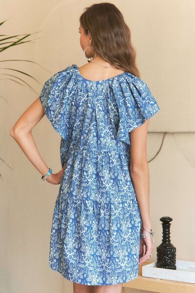 ADORA Bedrucktes Mini-Kleid mit V-Ausschnitt und Rüschenärmeln