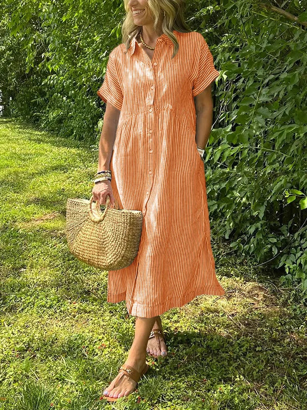NOUVEAU🔥 Robe Chemise Boutonnée à Revers Rayée