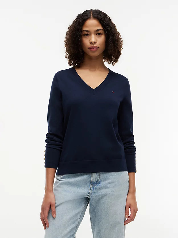 Gold-Tone Button Cuff V-Neck Jumper