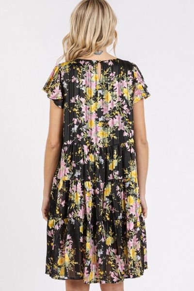 Mittoshop Blumenmuster Rundhals-Kleid mit flatternden Ärmeln und Stufenrock