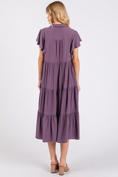 Robe mi-longue étagée à col V, volants aux manches et col en pointe Mittoshop