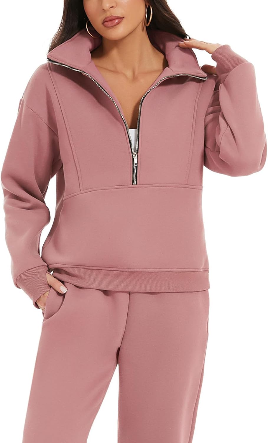 NOUVEAU🔥Ensemble 2 pièces femme, sweat en molleton demi-zip et jogging, survêtement