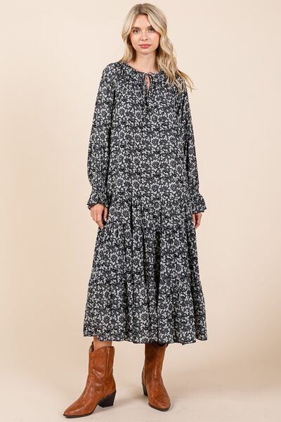 Mittoshop bedrucktes Midi-Kleid mit Bindekragen und Volantärmeln