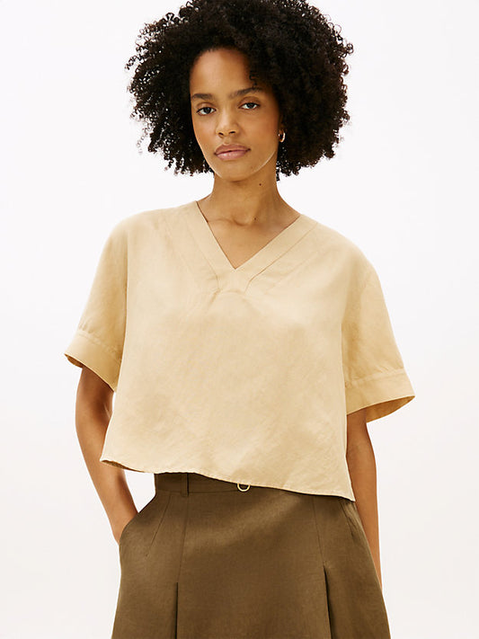 Relaxed Fit Linen Blend Short Sleeve Blouse