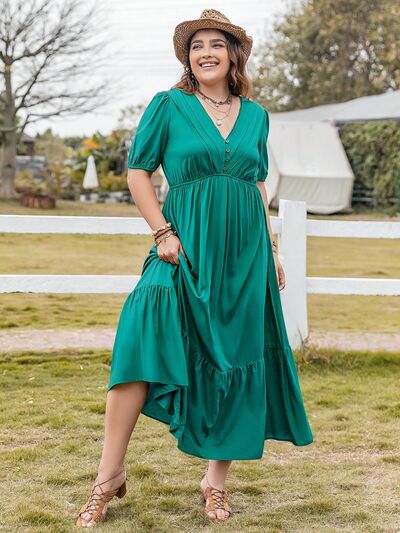 Robe Grande Taille à Col en V, Manches Courtes et Ourlet Volanté