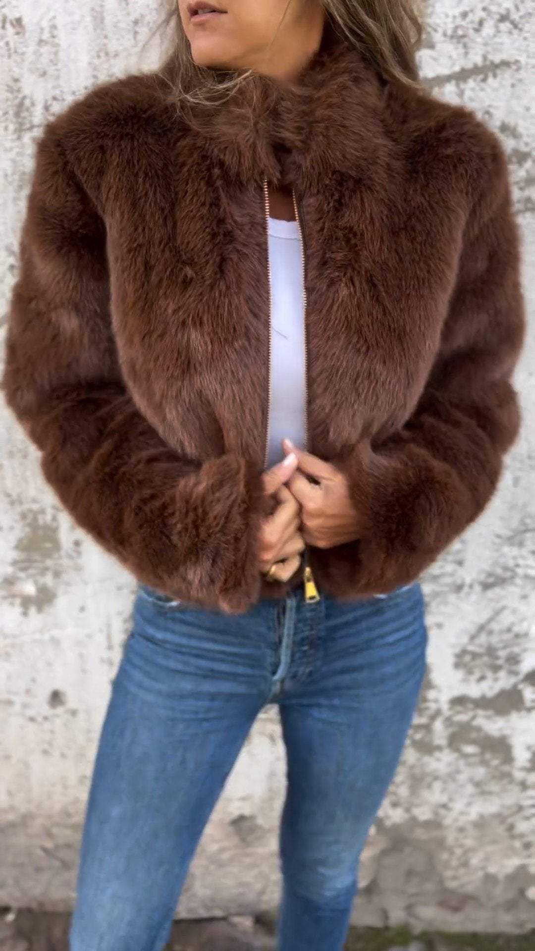 Damen High Collar Pelz-Reißverschluss Freizeitjacke