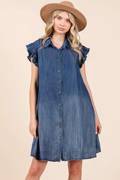Mittoshop Minikleid mit Rüschenärmeln aus gewaschenem Chambray und Knopfleiste