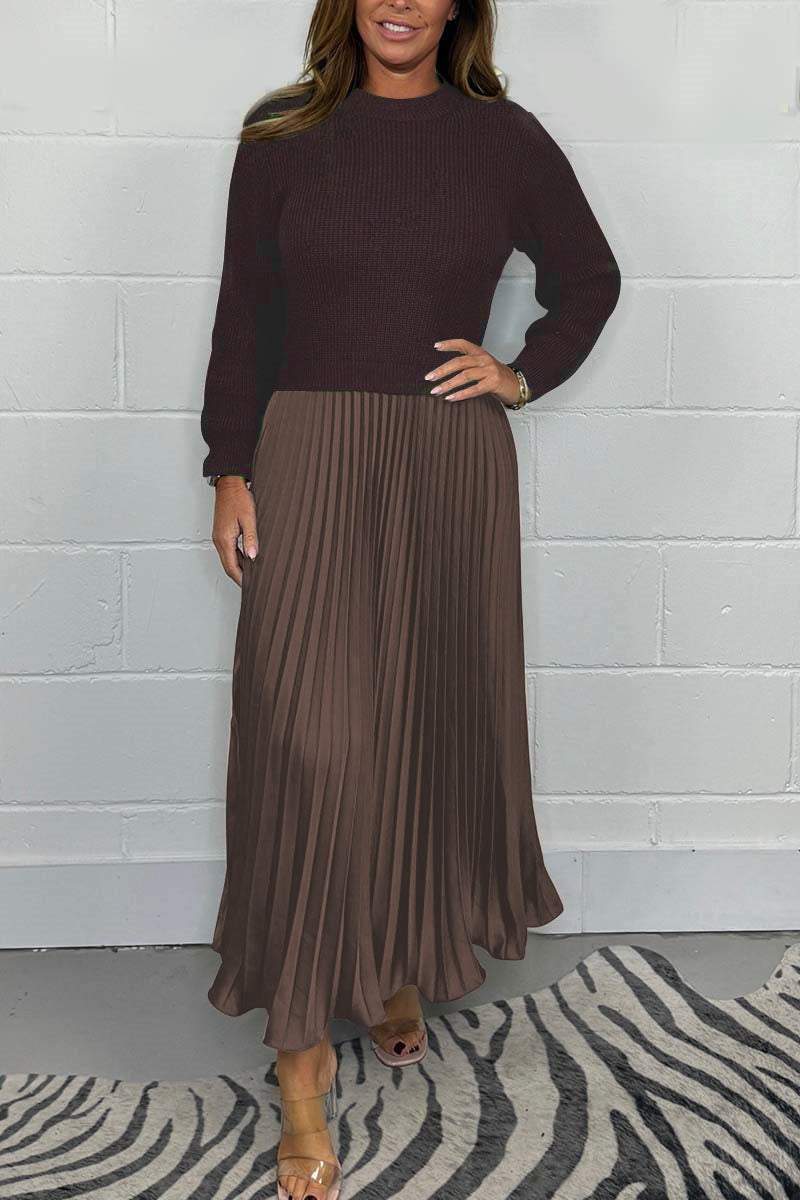 Damen stilvolles und elegantes Plisseekleid mit Rundhalsausschnitt